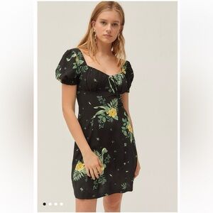 Urban Outfitters Cassia Black Floral Puff Sleeve Mini Dress